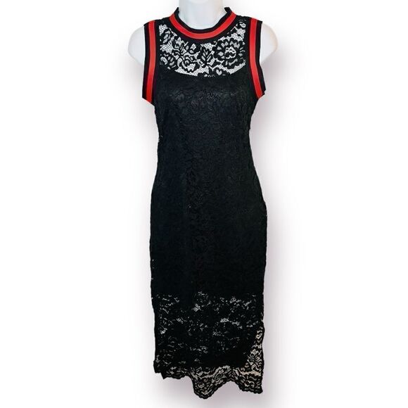 BAKU Fitted Black Lace Midi Dress Red Stripe Trim S - Picture 1 of 12